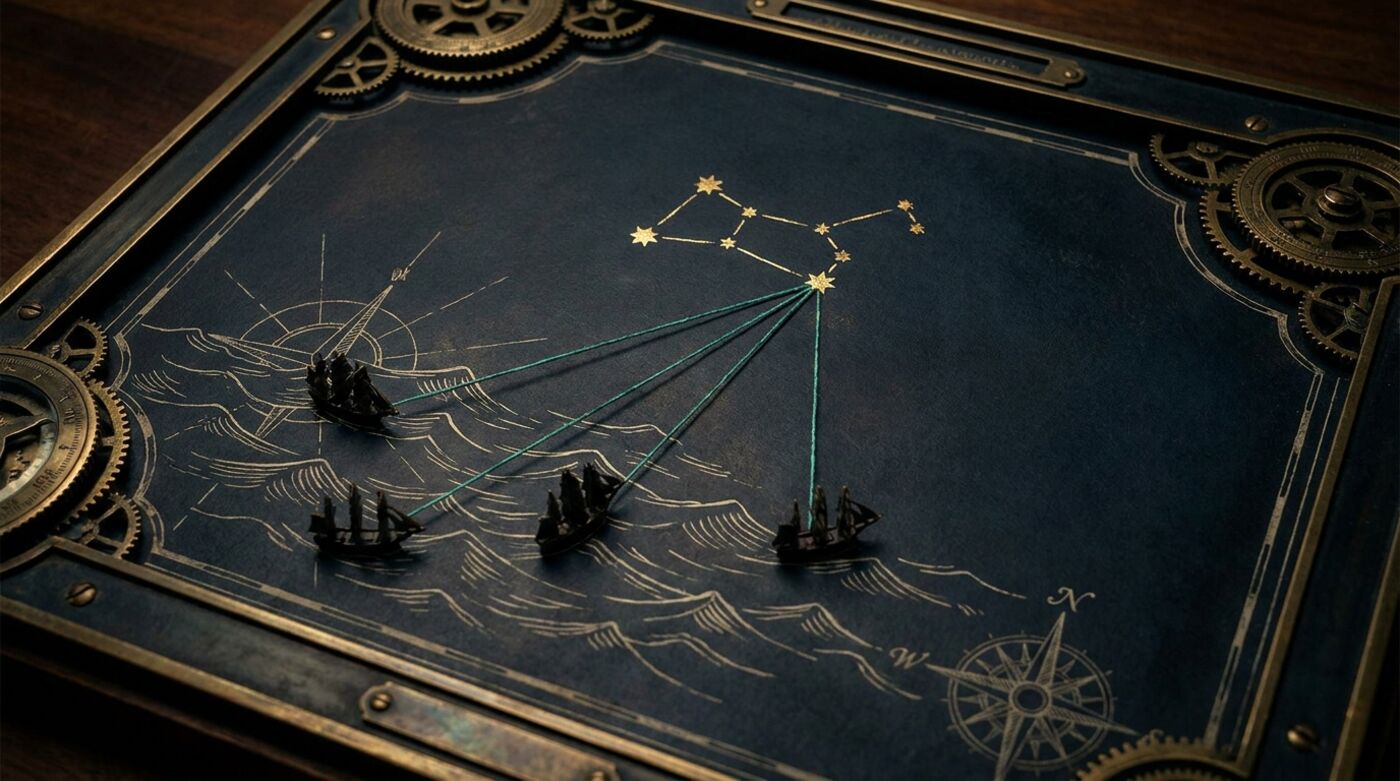 A fleet of ships on a night sea-chart, each linked by light to one shared constellation overhead — a team sharing one memory