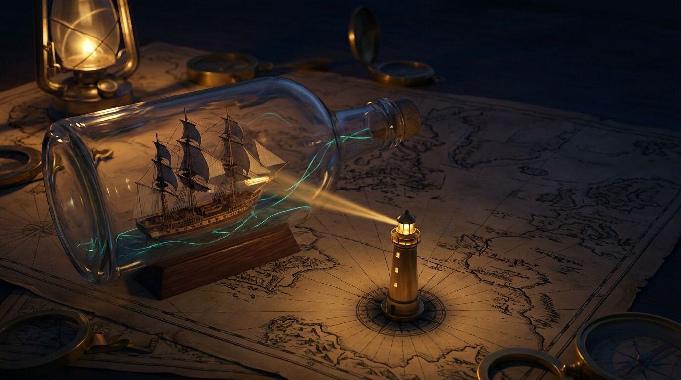 A ship in a sealed glass bottle on a night chart, reached only by one beam from a small brass lighthouse: a Claude task in the Linux sandbox, which can talk only to its model